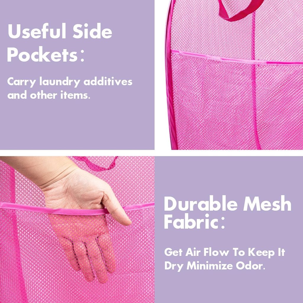 Pop Up Laundry Hamper, 70 L Collapsible Mesh Basket with Side Pocket, Pink