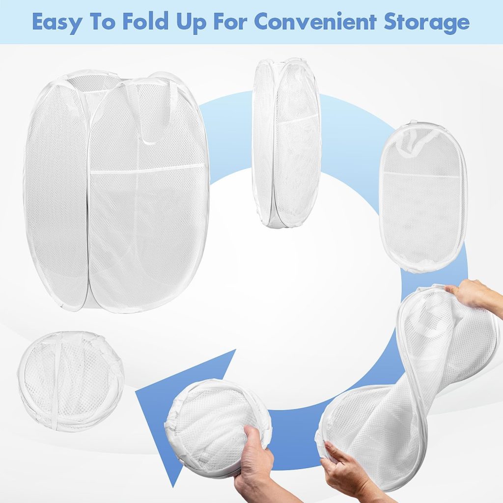 Pop Up Laundry Hamper, 70 L Collapsible Mesh Basket with Side Pocket, White