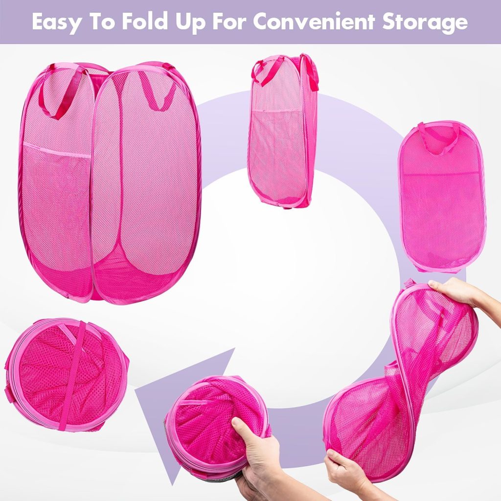 Pop Up Laundry Hamper, 70 L Collapsible Mesh Basket with Side Pocket, Pink