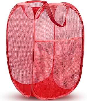 Pop Up Laundry Hamper, 70 L Collapsible Mesh Basket with Side Pocket, Red
