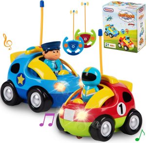 PREXTEX 2 Pack Cartoon Remote Control Cars for Toddlers – Police Car and Race Car with Steering Wheel Controllers and Lights – Different Frequencies Racing Together – Easter Toddler Gift 18+ Months.