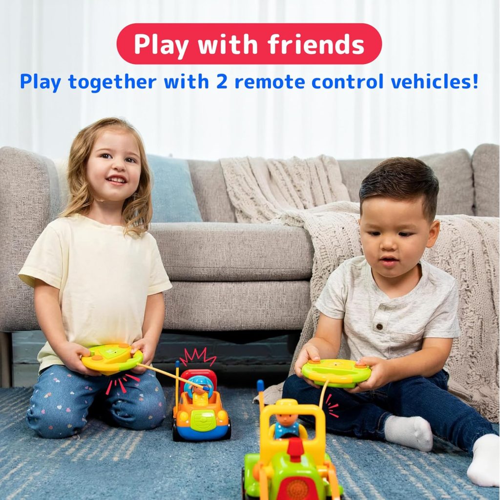 PREXTEX 2 Pack Remote Control Cars for 3-5 Year Old Boys – Truck and Tractor Toddler Toys with Easy Controllers – Sound and Light Play Features – Fun Birthday Gift Toy for Kids