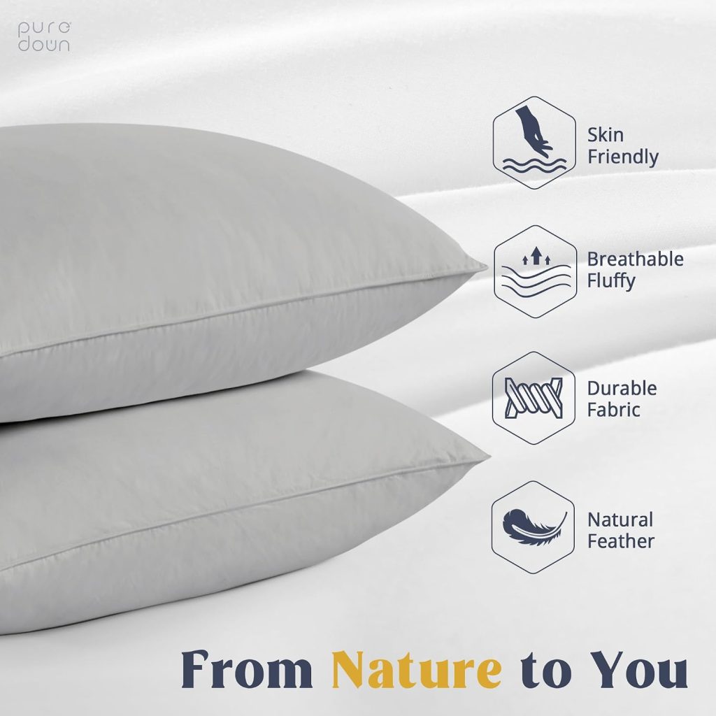 puredown® Goose Feathers Down Pillows – Standard Size Bed Sleeping Hotel Collection Pillows Set of 2 with 100% Cotton Cover, Grey