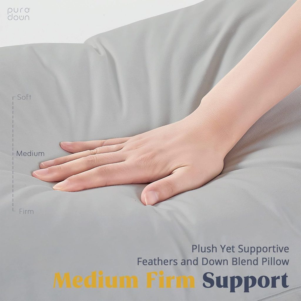 puredown® Goose Feathers Down Pillows – Standard Size Bed Sleeping Hotel Collection Pillows Set of 2 with 100% Cotton Cover, Grey