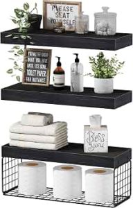 QEEIG Bathroom Shelves Over Toilet Wall Mounted (Black, Set of 3, 15.7″)