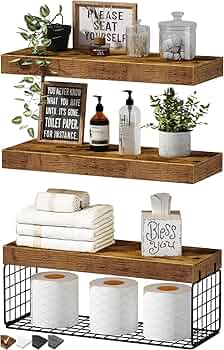 QEEIG Bathroom Shelves Over Toilet Wall Mounted (Brown, Set of 3, 15.7″)