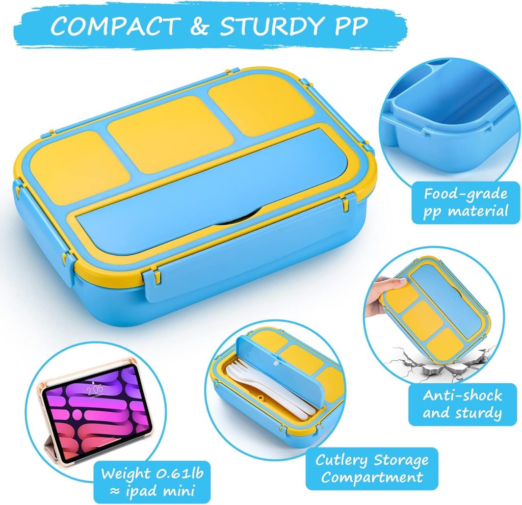 QQKO Bento Lunch Box for Kids Girls Boys, Toddler Kids Lunch Boxes for School, Lunch Containers for Adults with 4 Compartments, Sauce Container, Utensils, Food Picks and Muffin Cups, Blue