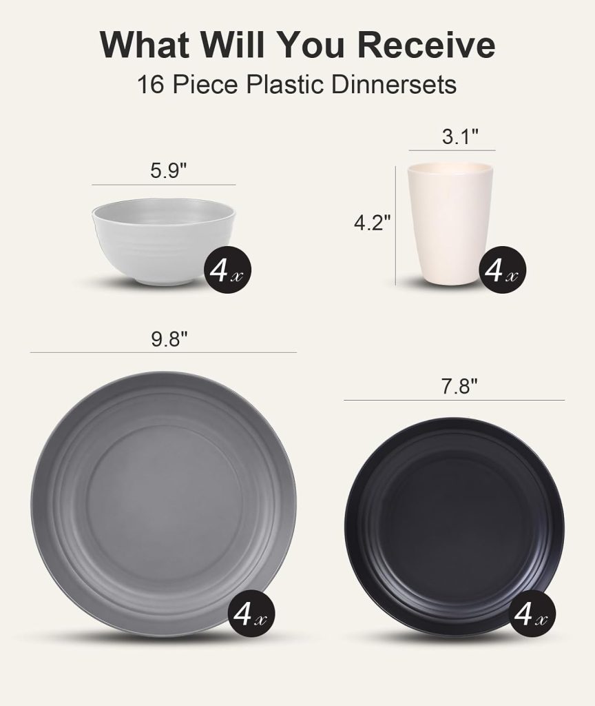 Quatish 16 Pcs Plates and Bowls Sets, Plastic Dinnerware Sets for 4, Grey