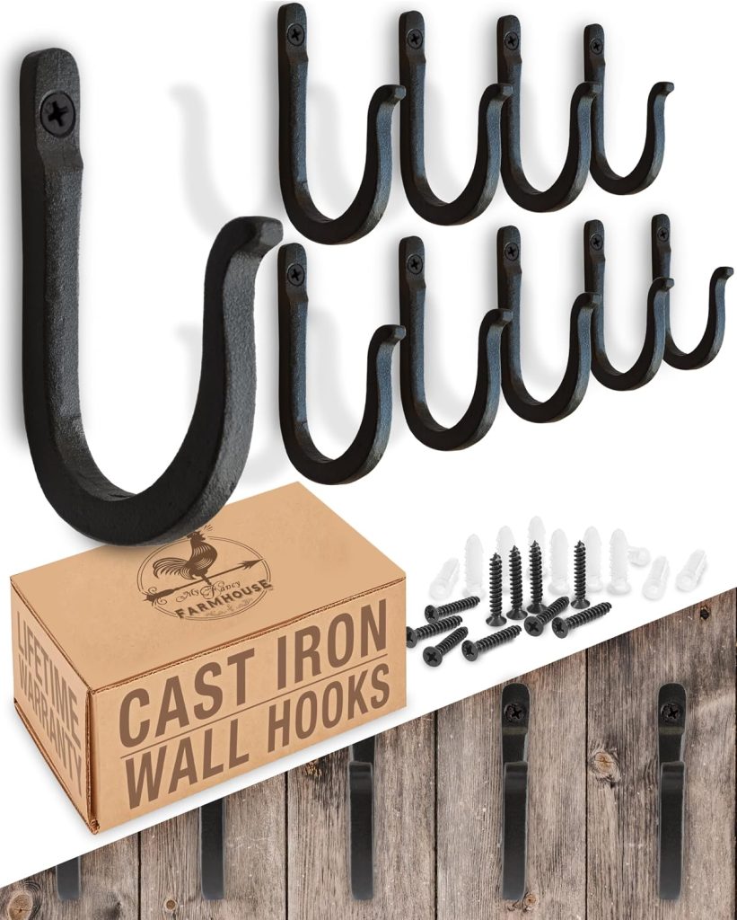 Railroad Spike Cast Iron Hooks (10 Pack) Handmade Blacksmith, Wall Mounted Farmhouse Decorative Hooks, PowderCoated for Interior or Exterior Use, Rust Proof for Hanging Coats, Bags or Pots (Black)