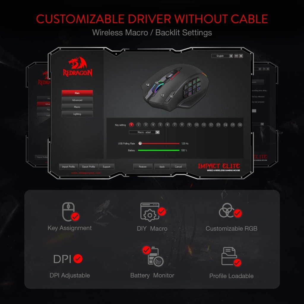 Redragon M913 Wireless RGB MMO Gaming Mouse 16000 DPI Remapping Keys
