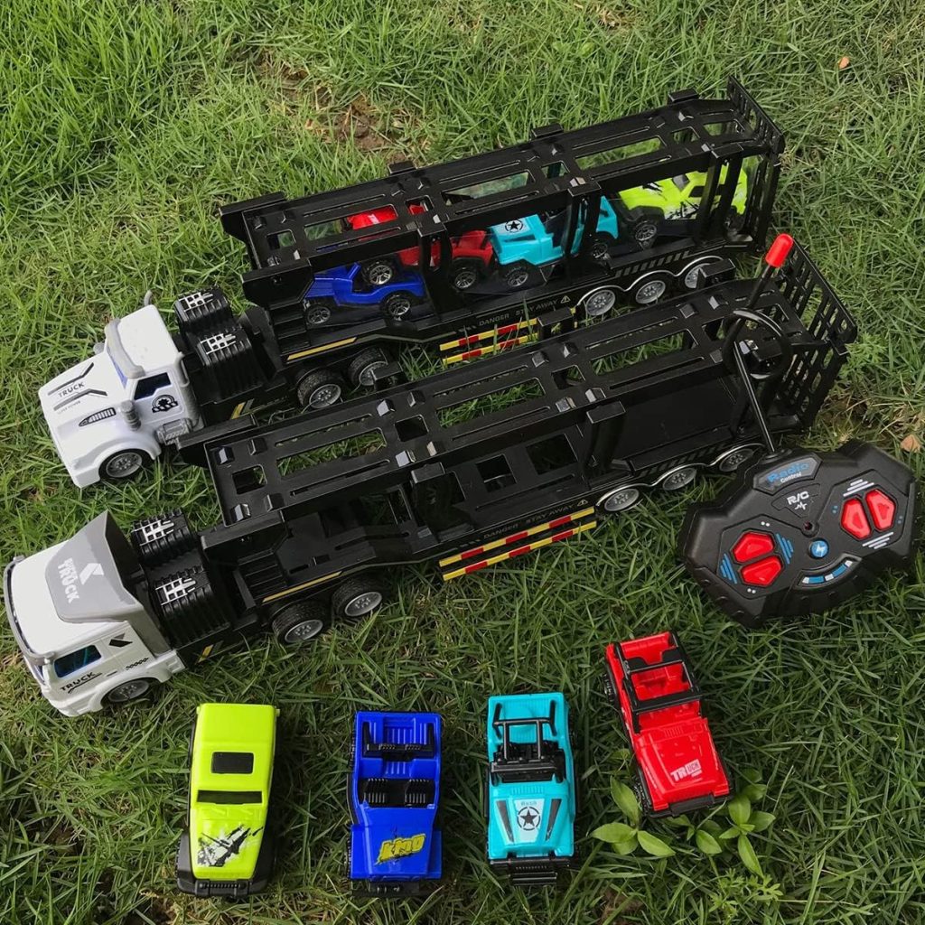 Remote Control Car Transporter Truck Includes 4 Cars – 14″ 1:48 Mini RC Toy Semi Truck Trailer with 2pcs Rechargeable Batteries, Carrier Car Truck Vehicle with Lights, Great Gift for Kids Boys Girls