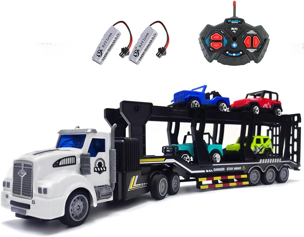 Remote Control Car Transporter Truck Includes 4 Cars – 14″ 1:48 Mini RC Toy Semi Truck Trailer with 2pcs Rechargeable Batteries, Carrier Car Truck Vehicle with Lights, Great Gift for Kids Boys Girls