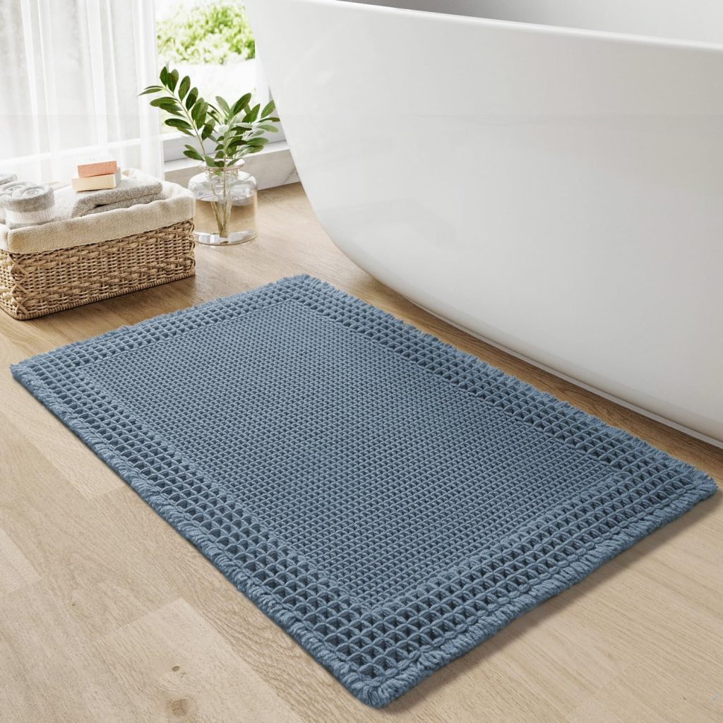 RESARE Waffle Bath Mat for Bathroom, Non Slip Bathroom Rugs 24″x36″ Blue
