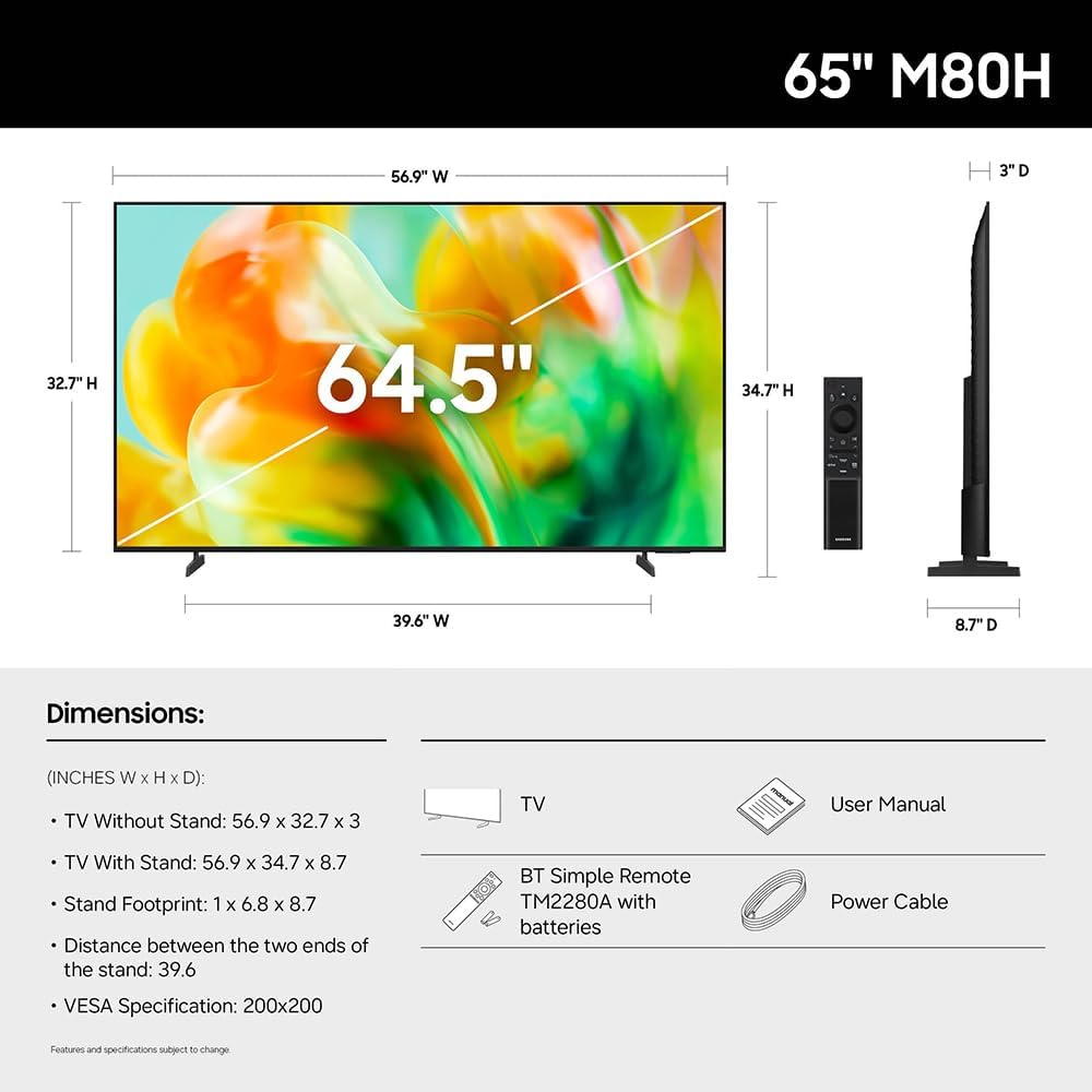 Samsung 65″ Mini LED M80H 4K 3840×2160 Vision AI Smart TV (2026) Bundle