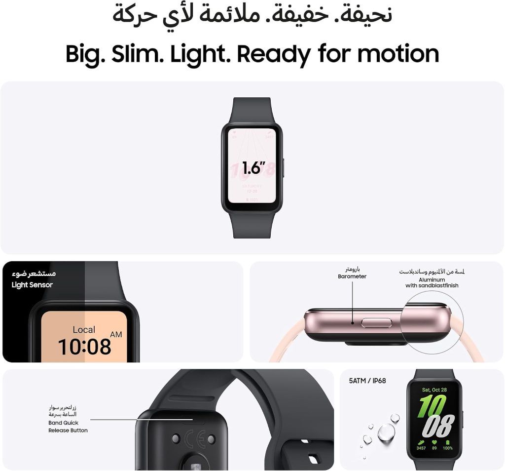 SAMSUNG Galaxy FIT 3 (2025, 40MM) 1.6″ AMOLED Display | IP68 Water Resistant | 14 Days Battery Life | 100+ Watchfaces | 100+ Exercise Modes | International Model (Fast Charger Bundle, Black)
