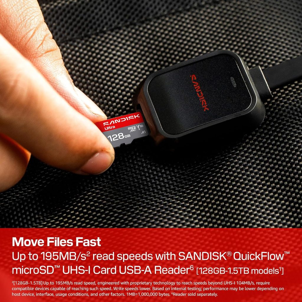 SANDISK 128GB Ultra microSD UHS-I Card – Up to 195MB/s Read Speed, Full HD Video, V10, U1, C10, A5 – SDSQUJQ-128G-GZ6MA