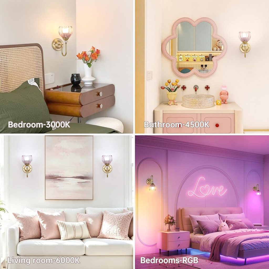 Set of 2 Vintage Battery Operated Wall Sconce, Rechargeable Wall Lamp with 5000mAh Battery & Remote Control, Dimmable Wall Lights with tulip shade for Bedroom Bathroom Living Room, (Tulip Pink Up)