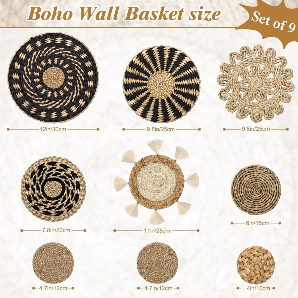Set of 9 Boho Wall Basket Decor Woven Hanging Wall Basket Decoration