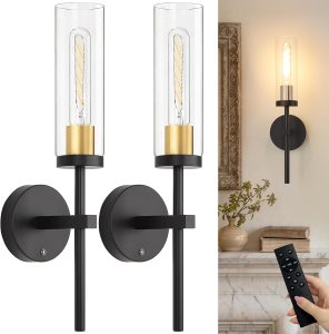 Shenmoyl Set of 2 Wall Sconces, 5200 mAh Battery Operated Wall Sconce with 3 Colors & Remote Control, Black Gold Rechargeable Wall Lamp with Clear Glass Shade for Bedroom, Bathroom, Stairwell, Hallway