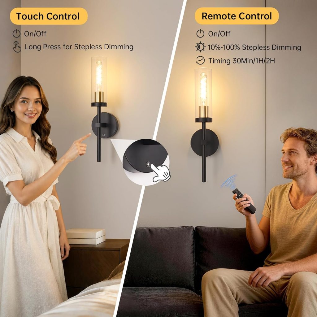 Shenmoyl Set of 2 Wall Sconces, 5200 mAh Battery Operated Wall Sconce with 3 Colors & Remote Control, Black Gold Rechargeable Wall Lamp with Clear Glass Shade for Bedroom, Bathroom, Stairwell, Hallway