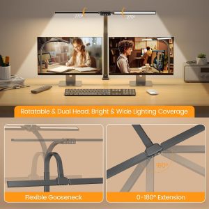 SIBRILLE Upgraded Desk Lamp for Home Office – Dimmable Computer Desk Light with Remote, Modern Architect Task Lamp with Color Changing, Flexible Desktop Lamp with Gooseneck for Monitor, Double Head
