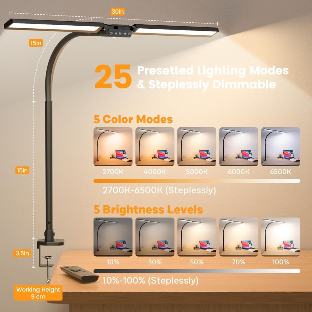 SIBRILLE Upgraded Desk Lamp for Home Office – Dimmable Computer Desk Light with Remote, Modern Architect Task Lamp with Color Changing, Flexible Desktop Lamp with Gooseneck for Monitor, Double Head