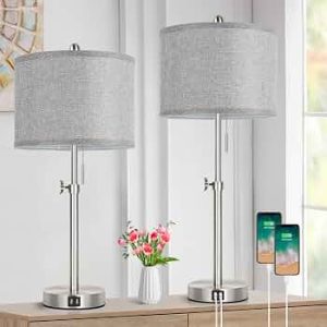 Silver Table Lamps Set of 2 for Living Room Bedroom, 23”-30” Adjustable Height Bedside Lamps with 2 USB Ports, Industrial Nickle Nightstand Lamps with Grey Shade, Modern Lamp Sets for Home Office