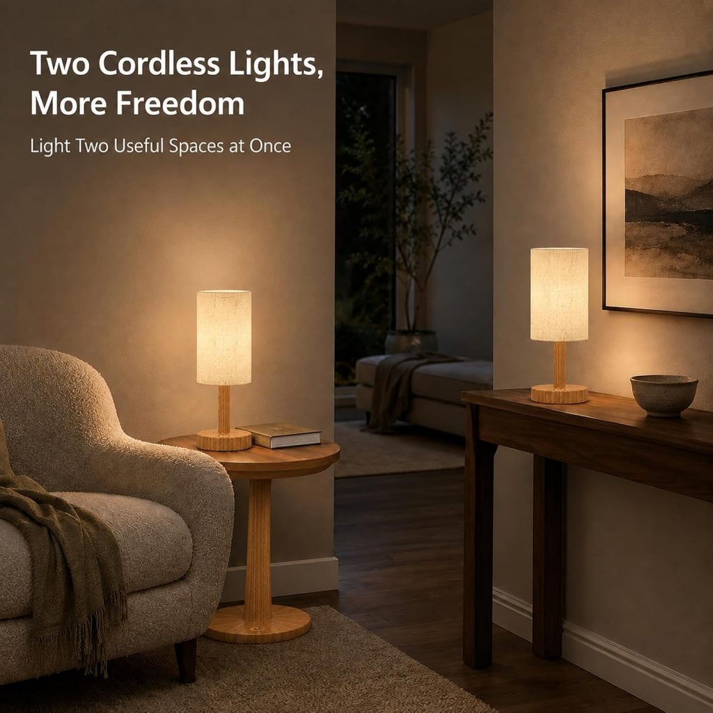 Small Rechargeable Cordless Table Lamp, Nightstand to Desk, Warm Oak