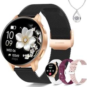 Smart Watch for Women, 1.27″ HD Fitness Tracker with 4 Bands & Necklace Gift Set, Heart Rate SpO2 Sleep Monitor, 120+ Sport Modes, Call & Notifications, Smartwatch for Android iPhone, 40mm Black Gold
