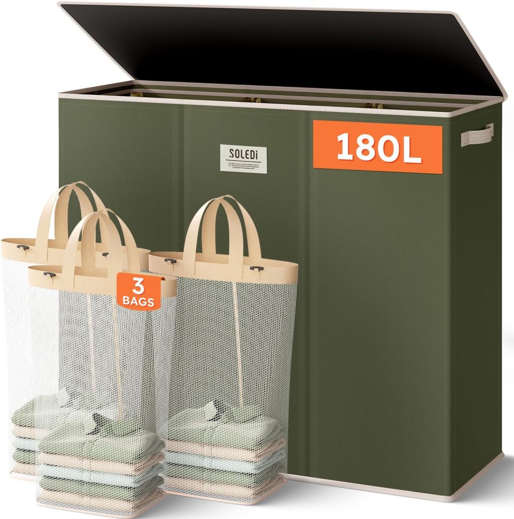 SOLEDI 180L 3-Section Laundry Hamper with Lid, Extra Large Dirty Clothes Basket with Sturdy Handles for Laundry Room & Bedroom – Durable Organizer for Sorting Laundry