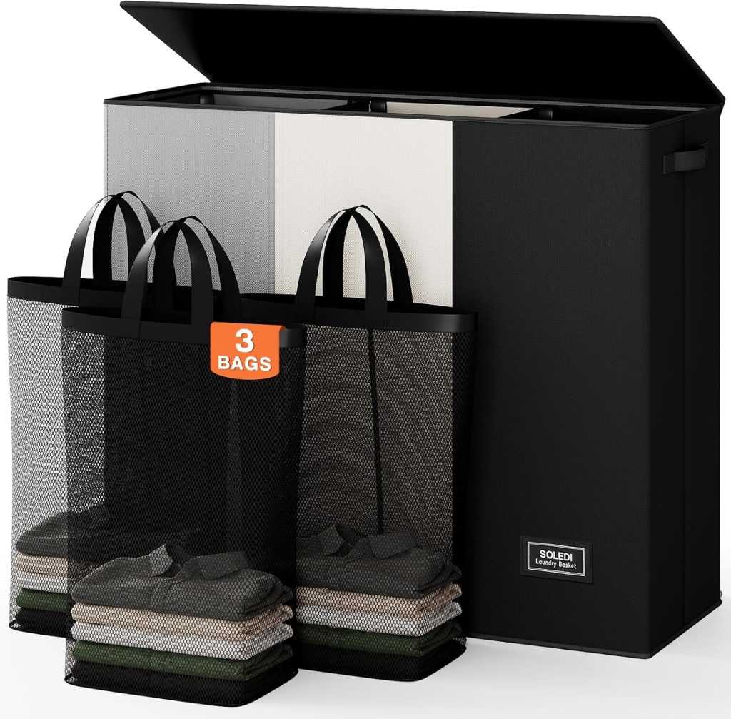 SOLEDI Large Laundry hamper 3 Section with Lid, 180L Laundry Basket