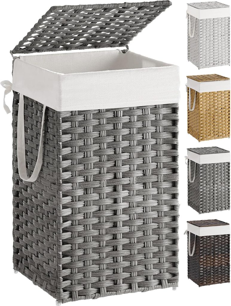 SONGMICS Laundry Hamper with Lid, 17.2 Gallon (65 L) Synthetic Rattan Clothes Laundry Basket with Lid and Handles, Foldable, Removable Liner, Dove Gray ULCB165G01