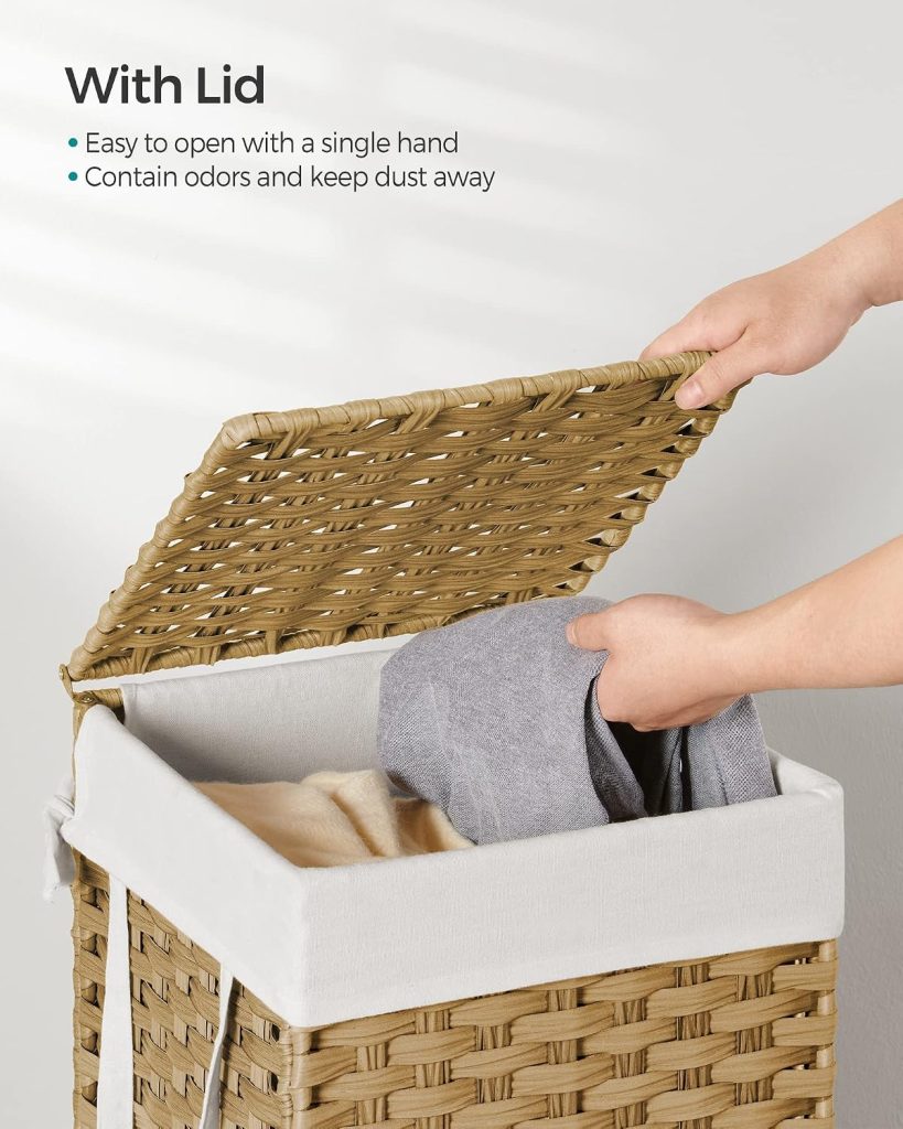 SONGMICS Laundry Hamper with Lid, 17.2 Gallon (65 L) Synthetic Rattan Clothes Laundry Basket with Lid and Handles, Foldable, Removable Liner, Goose Yellow ULCB165N01