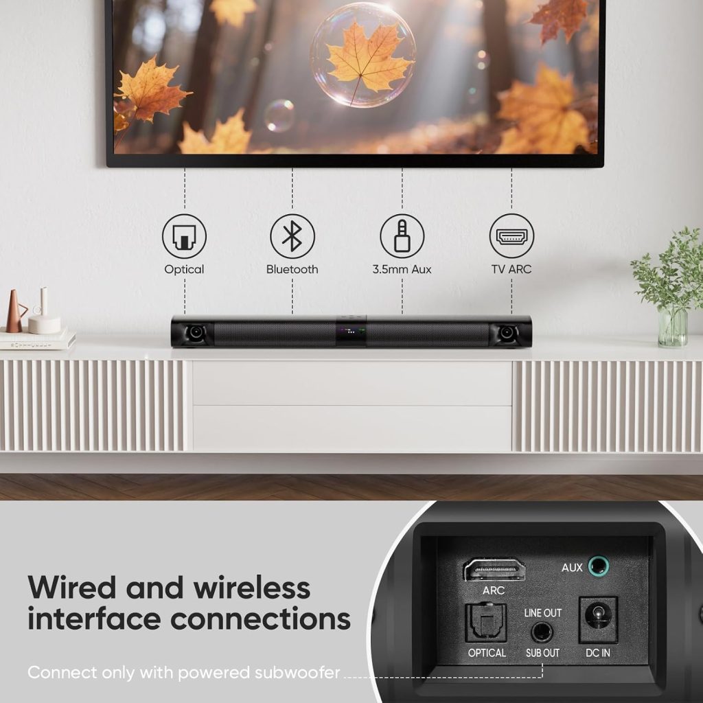 Sound Bar for Smart TV, 2‑in‑1 Detachable, 31″ 80W Surround Sound