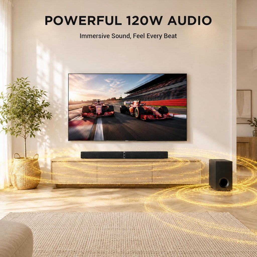 Sound Bar with Subwoofer,120W Sound Bar Bluetooth 5.3 Soundbar Surround Sound System, Detachable Home Theater Speaker with ARC/Optical/AUX Connection, Remote Control for TV/PC/Projector