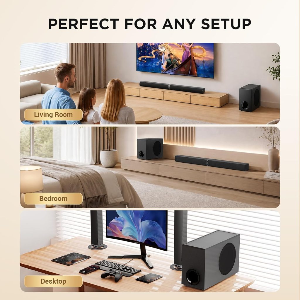 Sound Bar with Subwoofer,120W Sound Bar Bluetooth 5.3 Soundbar Surround Sound System, Detachable Home Theater Speaker with ARC/Optical/AUX Connection, Remote Control for TV/PC/Projector