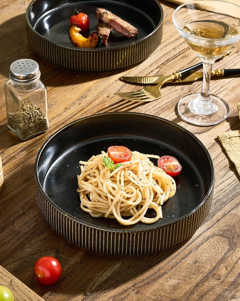 Star 7.5″ Pasta Bowls Set of 4, Double Reactive Glaze Salad Bowl, Black