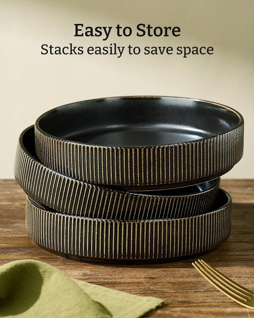 Star 7.5″ Pasta Bowls Set of 4, Double Reactive Glaze Salad Bowl, Black