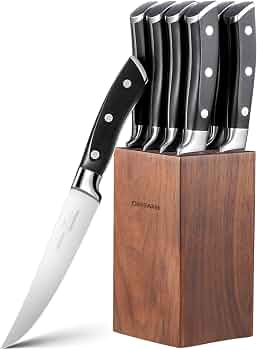 Steak Knives Set of 8, 5 Inch Non Serrated Knife with Walnut Block