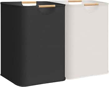 STORAGE MANIAC 2-Pack Laundry Hamper with Bamboo Handles, Black + White