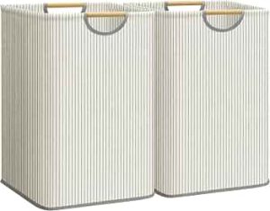 STORAGE MANIAC 2-Pack Collapsible Laundry Hamper with Bamboo Handle, Stripe
