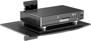 suptek Glass Floating Shelf, 1 Tier Media Shelf for TV Accessories, Flat Black Wall Mount Bracket, 17.6lbs Weight Capacity, Quick Installation, Cable Management, Custom Style, Backless