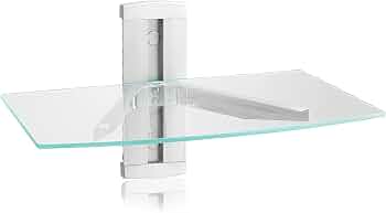 suptek Glass Floating Shelves, TV Wall Mount with Shelf for DVD Player / PS4 / Cable Boxes/Game Consoles/Sky Box/TV Accessories, Media Shelf, Flat Wall Mount Bracket, 1 Tier Shelf, Silver