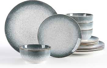 Sweejar Dinnerware Sets Service for 4, 12 pcs Porcelain Plates and Bowls for Kitchen, Housewaring Gift, Chip and Scratch Resistant Dish Set, Handmade Dishwasher and Microwave Safe Plate Set, LightGray