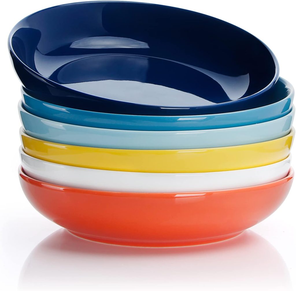 Sweese 22oz Porcelain Pasta Bowls Set – 7.6″ Salad Serving Dishes, Microwave Dishwasher Safe, Set of 6, Vibrant Colors