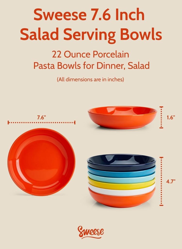 Sweese 22oz Porcelain Pasta Bowls Set – 7.6″ Salad Serving Dishes, Microwave Dishwasher Safe, Set of 6, Vibrant Colors
