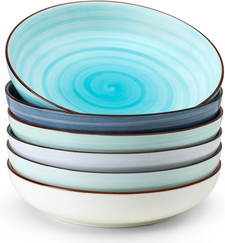 Sweese Pasta Bowls Set of 6, 30 Ounce Ceramic Salad Plates for Dishwasher & Microwave Safe – Solid Salad Bowls, Soup Bowls – Deep Plates Lipped Edges, Oven Safe Porcelain Plates Serving Bowls