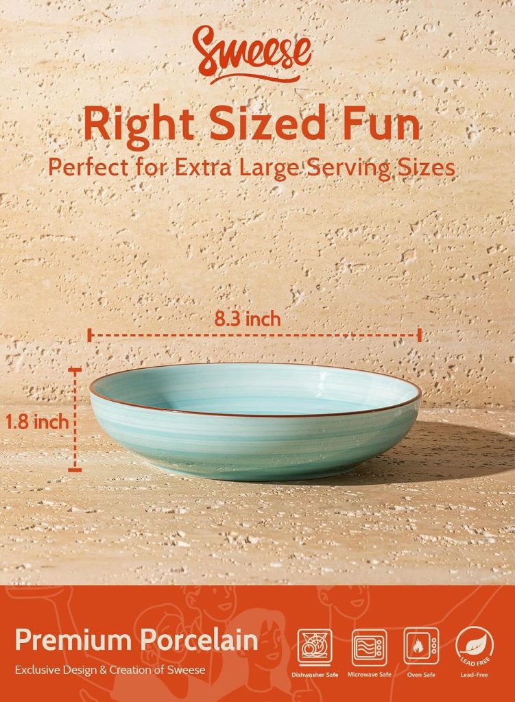 Sweese Pasta Bowls Set of 6, 30 Ounce Ceramic Salad Plates for Dishwasher & Microwave Safe – Solid Salad Bowls, Soup Bowls – Deep Plates Lipped Edges, Oven Safe Porcelain Plates Serving Bowls