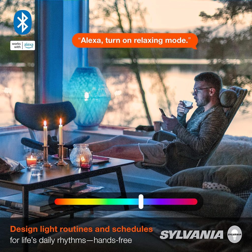 Sylvania Smart+ Bluetooth Mesh 60W Equivalent A19 LED Light Bulb, Full Color and Dimmable White, Compatible with Alexa, 2 Pack