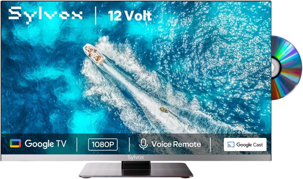 SYLVOX 12 Volt TV, 22″ Smart Television with DVD Player Built in, 1080P Google OS ATSC NTSC WiFi Bluetooth HDMI USB, AC/DC Powered, 12V TV for RV Camper Boat Coastal Home (Marine Series)